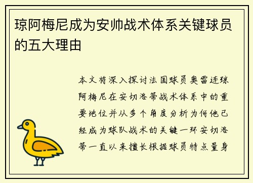 琼阿梅尼成为安帅战术体系关键球员的五大理由